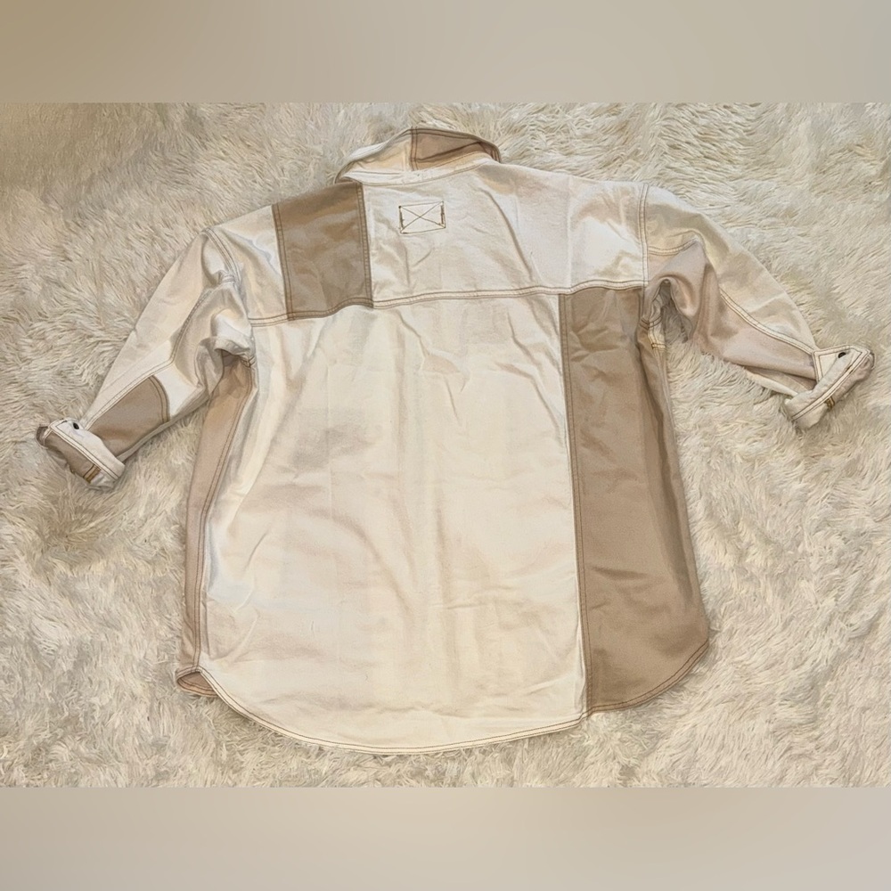 NEW FREE PEOPLE Ivory Mountain Roads Denim Button-Up ivory combo Shirt jacket L - Picture 8 of 9